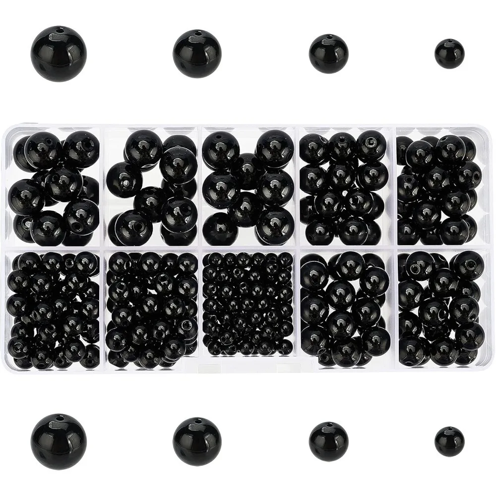

316 Pcs Black Smooth Polish Round Loose Beads 4mm 6mm 8mm 10mm Mix Lot Box Set with Box Container
