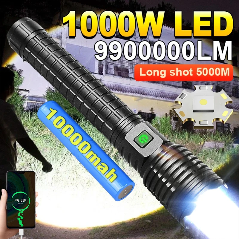 9900000LM Ultra Powerful Flashlight 1000 Watts LED Rechargeable Torch Light 5000M High Power LED Flashlights Tactical Lantern