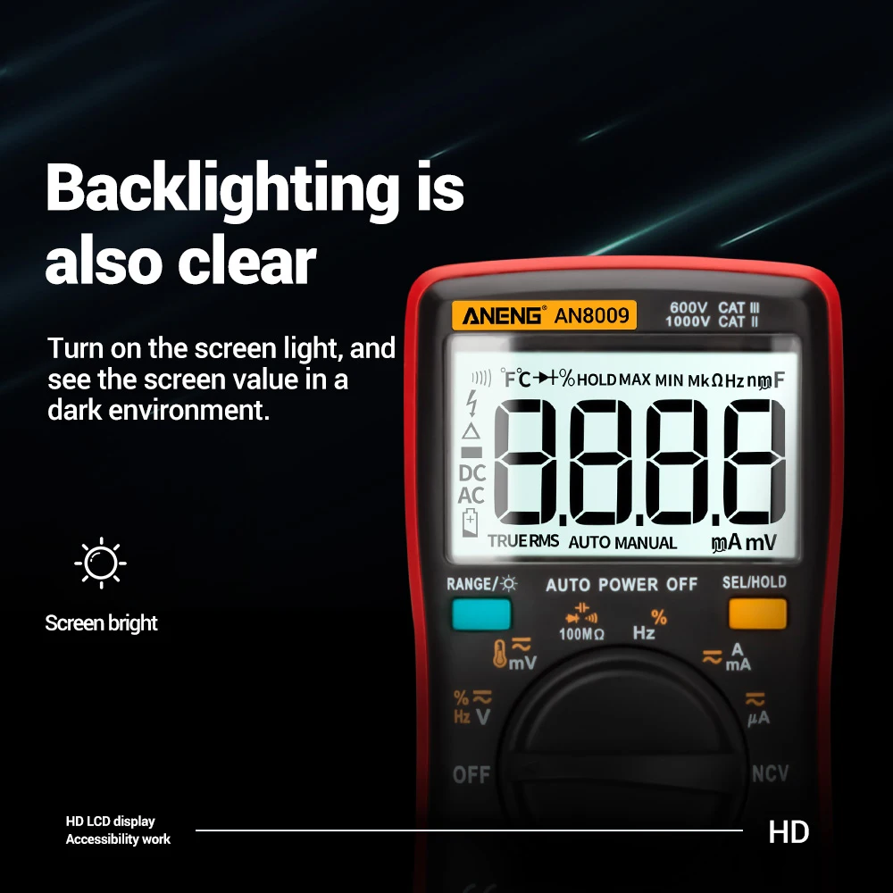 AN8008 Digitale Multimeter 9999 Telt Met Achtergrondverlichting AC/DC 1000V10A Ampèremeter Voltmeter Ohm Multi Meter Auto Range Tester