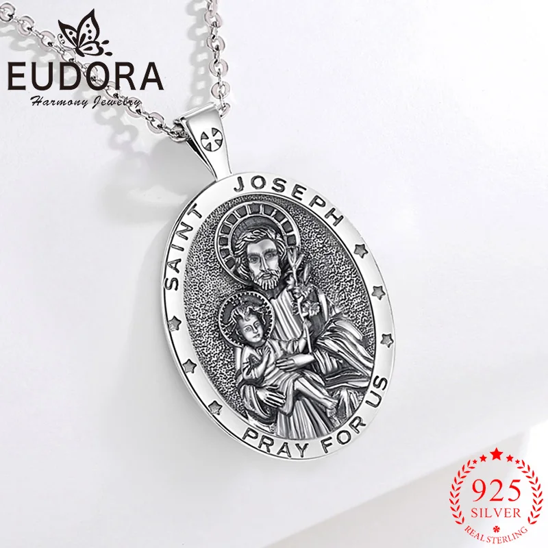 

Eudora, новинка, ожерелье из стерлингового серебра 925 пробы, Святой Джозеф, католический амулет, медаль, кулон, религиозные украшения, винтажный подарок для мужчин и женщин