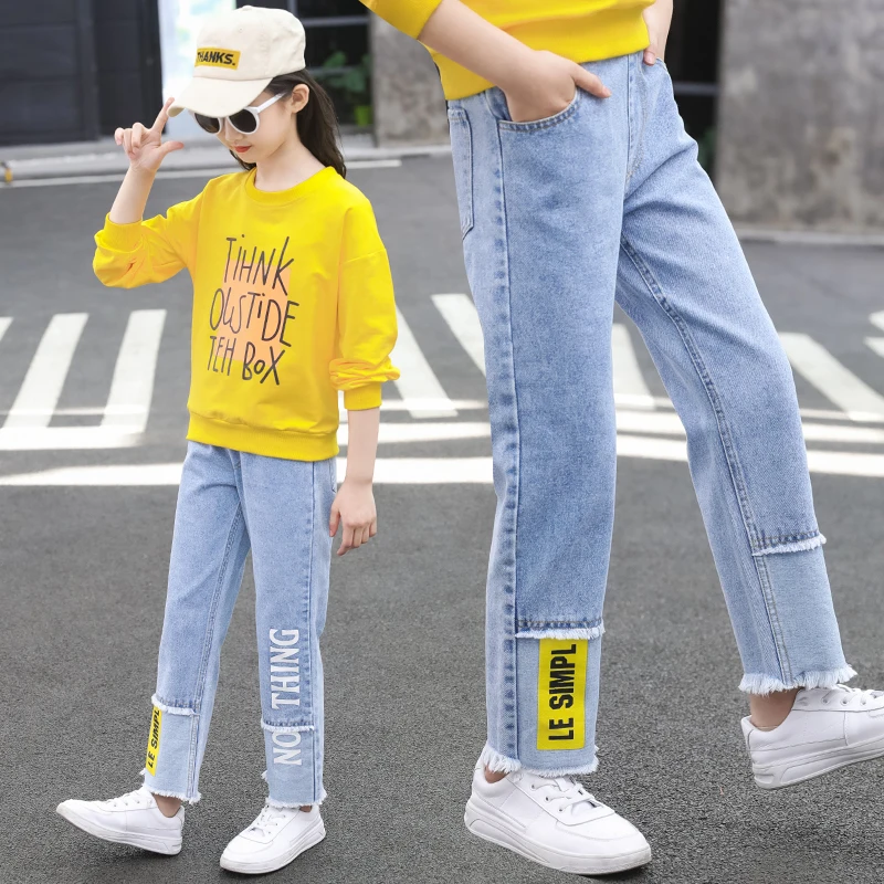 

2022 New Brand Kids' Jeans Spring Autumn Outdoor Boys' Sports Trousers Elastic Waist Black Patchwork Girls' Winter Pants Cheap