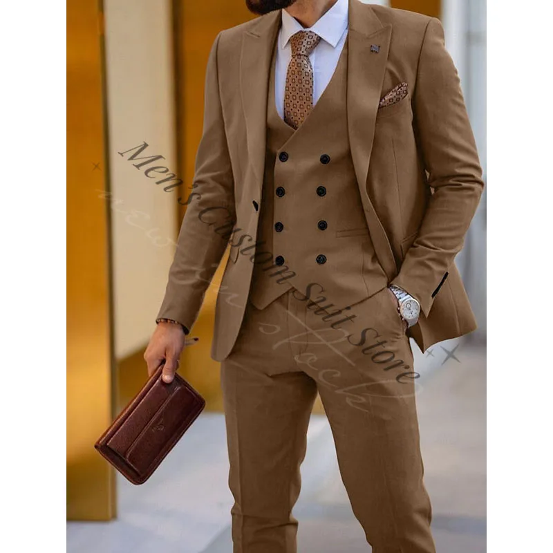 

Latest Brown Mens Suit Slim Fit 3 Pieces Blazer+Vest+Pants Peaked Lapel Formal Tuxedos Party Wedding Dress Custom Male Suit