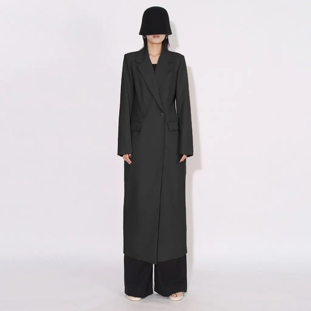 

Women's High-End Windbreaker Jacket Autumn Winter Fashion European American Style Silhouette Suit Collar Slim Fit Long