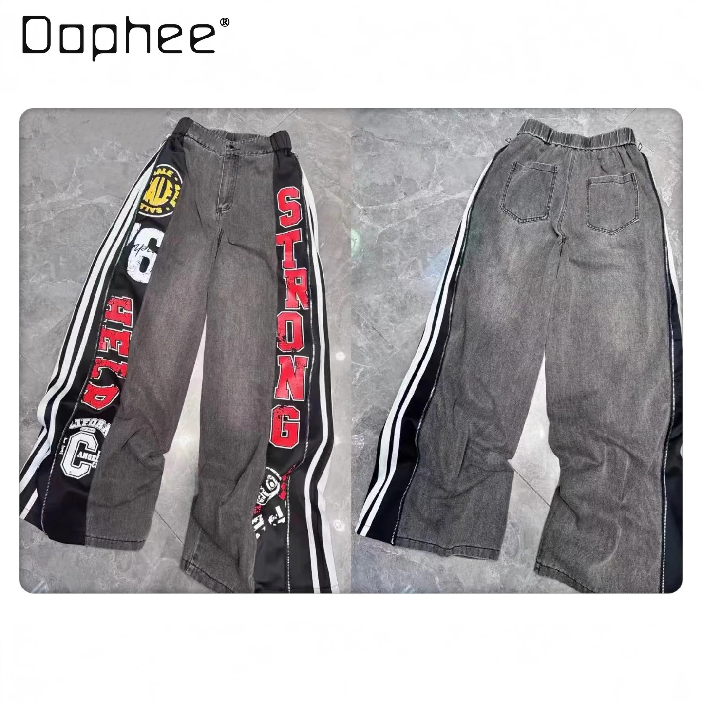 

Женские джинсы в европейском стиле, осень 2023, новые прочные брюки-карго с боковой молнией, двусторонняя одежда, полосатые брюки с буквенным принтом, женские брюки-карго