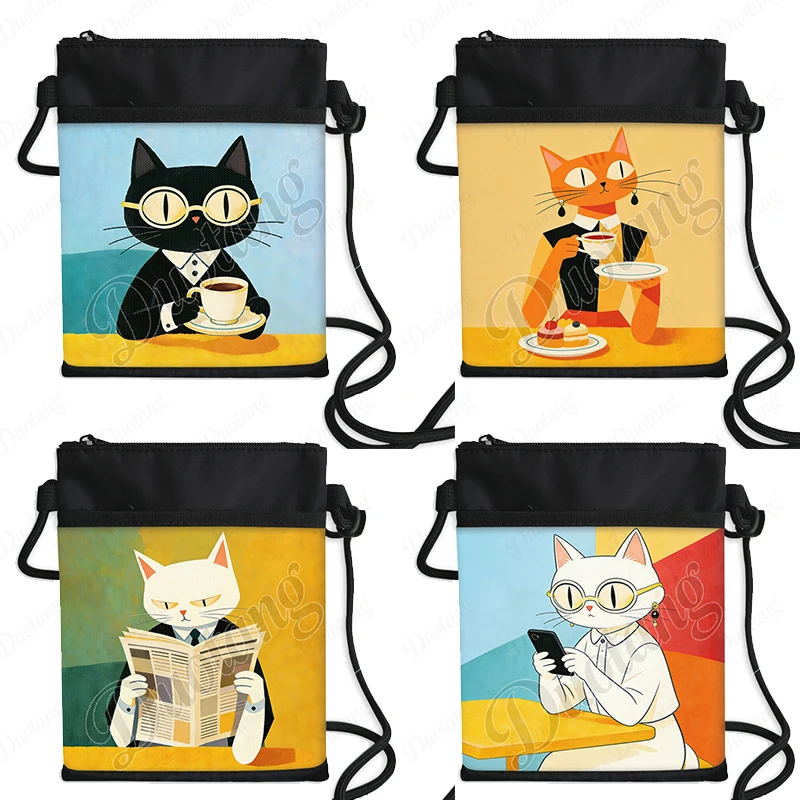 Cat Having Coffee/ Having A Piece of Cake Reading Newspapers Print Messenger Bags Handbags Shoulder Bag Phone Keys Purse Holder