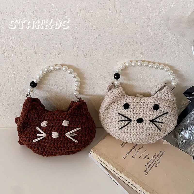 Cute Cat Crochet Bag For Kids Girls 2024 Autumn New knitted Cartoon Animal Crossboday Bag Toddler Child Pearl Handbag