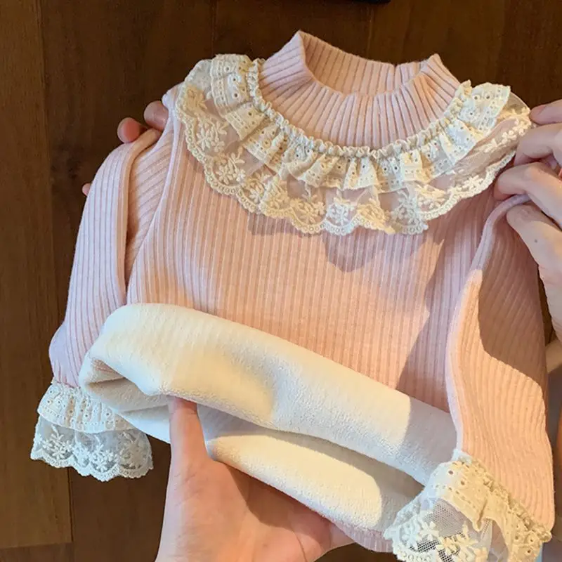 New Good-looking Girls' Velvet Bottoming Shirt New Autumn and Winter Children's and Girls' Versatile Lace Clothes Long Sleeves