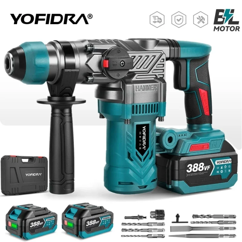 YOFIDRA 2200W 26MM Bürstenloser Elektrohammer Schlagbohrmaschine Multifunktions-Schraubendreher Rotationswerkzeug für Makita-Akku