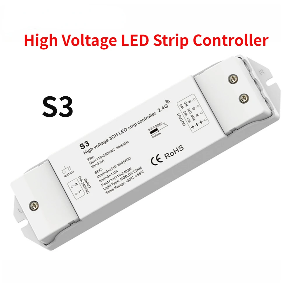 

High Voltage LED Strip Controller 110-240VAC 3CH*1A 3in1 Function Used For Control Single Color RGB CCT High Voltage LED Strips