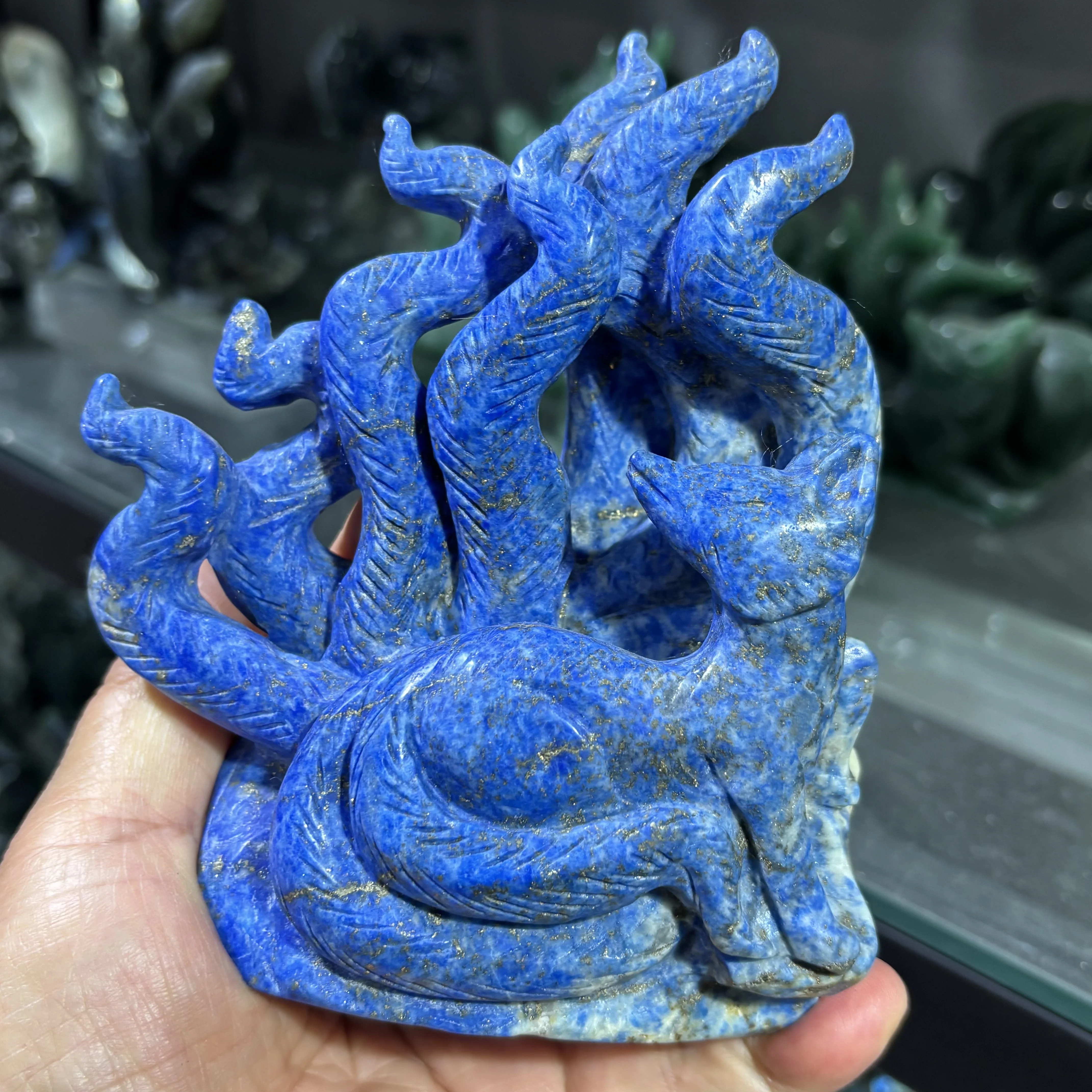 Lapis Lazuli Nine-tailed Fox Animal Quartz Carving Polished Natural Healing Figurine Home Decor Animal Craft Gift