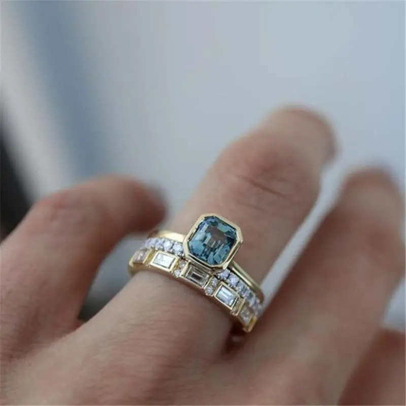 3pcs Acid Blue Crystal Rings for Women Fashion Yellow Gold Color Wedding Women\'s Ring Luxury Brand Jewelry Gifts Accessories