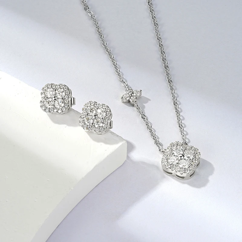 Moissanite Clover Stud Earrings and Pendant Necklace Set