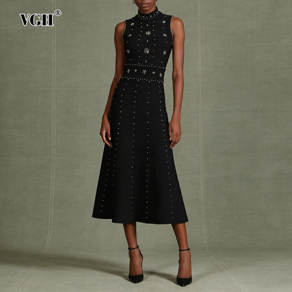 

VGH Elegant Slimming Solid Knitted Long Dresses For Women Round Neck Sleeveless High Waist Spring Casual Daily Dress Female New