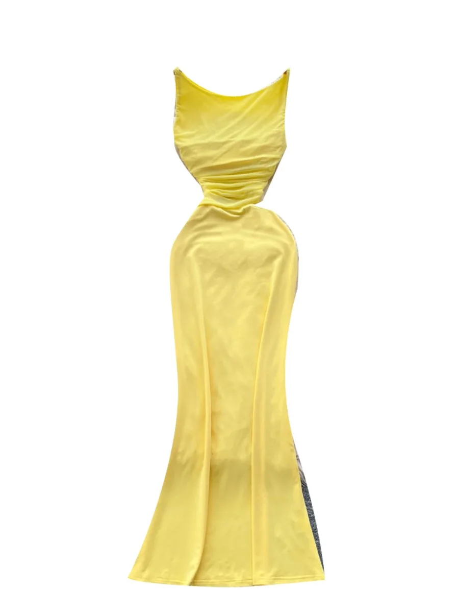 Foamlina Trendy Mesh Patchwork Bodycon Long Dress Women 2025 Summer Hot Sexy Cinched Waist Slim Fit Sleeveless Bodycon dress