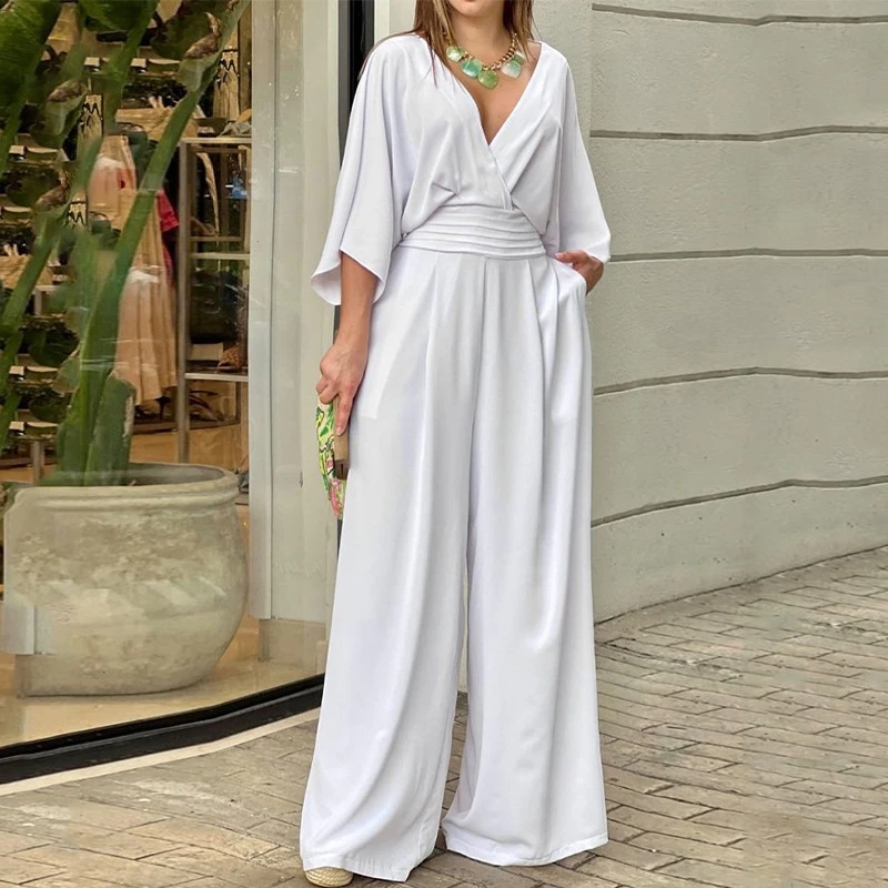 

STYLISH LADY Elegant OL Rompers and Jumpsuits 2023 Summer Women Batwing Sleeve V Neck Brief Solid Party Wide Leg Overalls