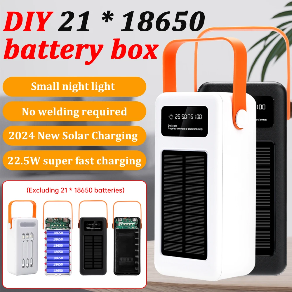 21*18650 Battery Storage Box 10W 22.5W Fast Charging Solar Power Bank Case 18650 Holder 4*USB Micro Type-C Solar Charging