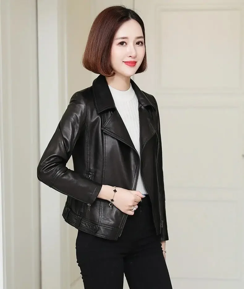 2024 New Women Leather Jacket Spring Autumn Fashion Suit Collar Slim Biker Leather Outerwear PU Streetwear Tops