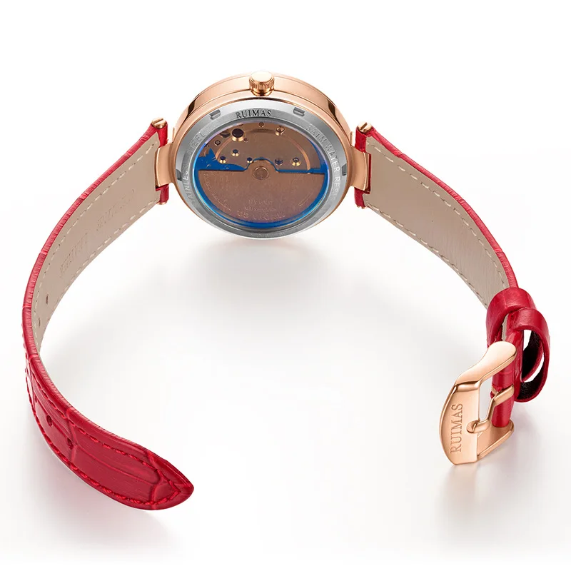 Женские автоматические механические часы RUIMAS 6776, модные элегантные серебристо-белые наручные часы с кожаным ремешком и цветочным рисунком бриллиантов для дам