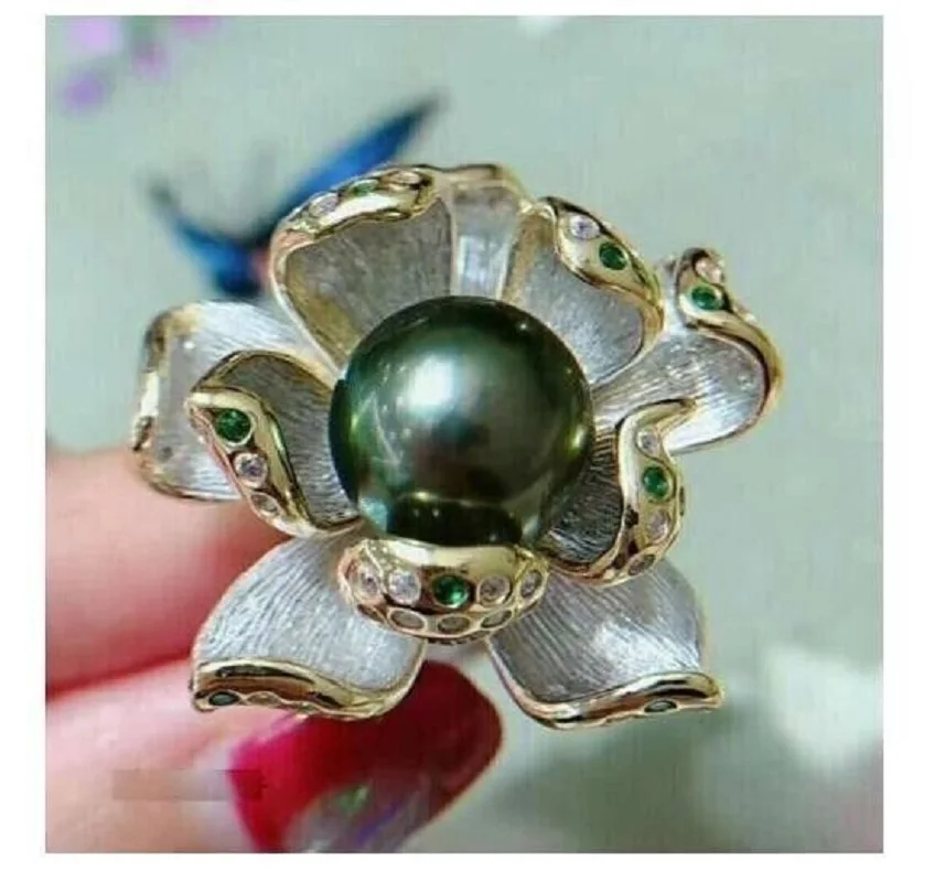 

Gorgeous AAAAA 9-10mm Natural South Sea Black Green Round Pearl Ring 925S