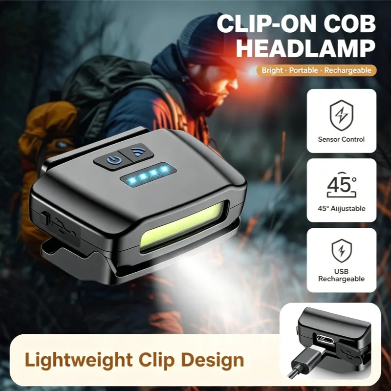 Cap Clip Light Motion Sensor Headlamp Type C Rechargeable Waterproof Hat Flashlight Night Fishing Camping Lamp