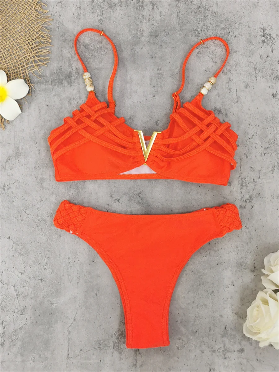 

Sexy Braiding Rope High Waist Bikini 2025 Women Pearls Strap Metal V Wire Push Up Two Piece Swimsuit Beach Bathing Suit Swimwear