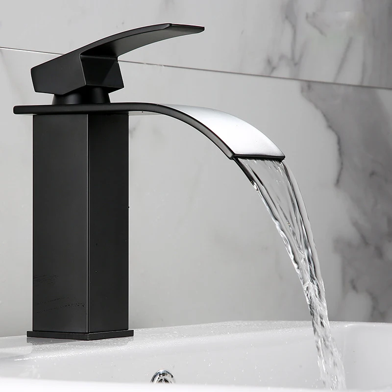 

Stainless Steel Waterfall Bathroom Basin Faucet Sink Faucet Square Basin Faucet Single Handle Hot and Cold Basin Faucet Black