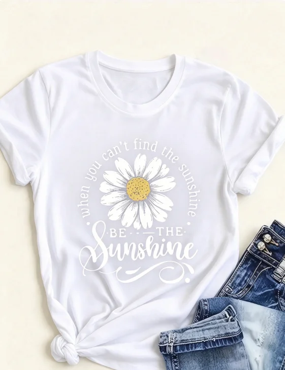 2026 New Women Pure Cotton Short Sleeve T Shirt Soft Loose Fit Daisy Print With Be The Sunshine Quote Lightweight Fall Casual Outfit Basic Top T Shirt