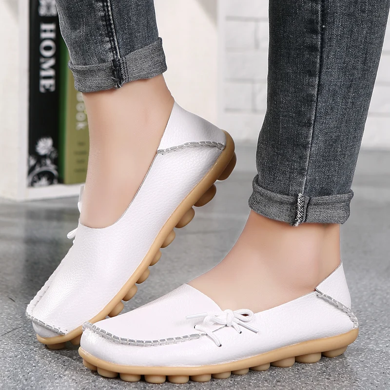 New Moccasins Women Flats 2024 Autumn Woman Loafers Genuine Leather Female Shoes Slip On Ballet Bowtie Women\'s Shoes Big Size