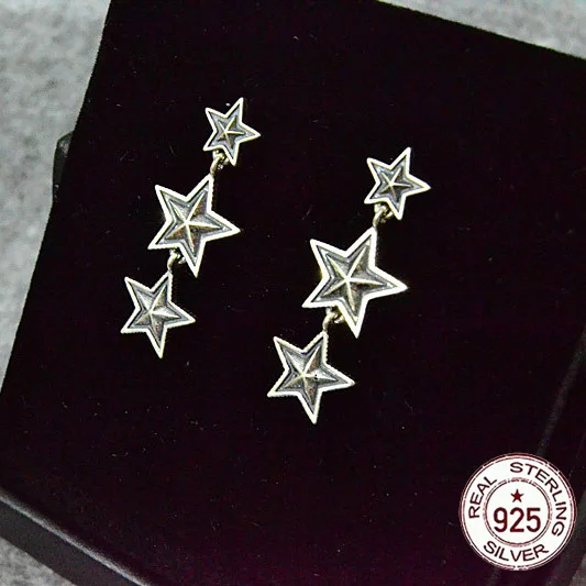 S925 Sterling Silver Earrings Creative Personalized Jewelry Couple Punk Five pointed Star Long Earrings as a Gift for Lovers