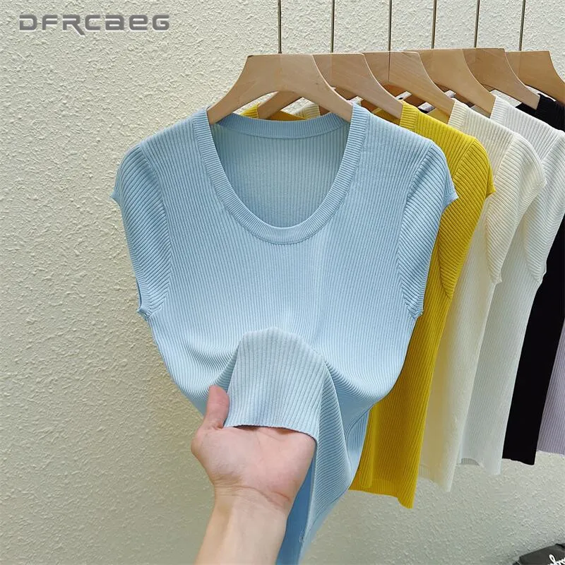 

Korean Style Sweet Short Sleeve Knitted Shirt For Women European Summer Casual Sweet High-Stretch Pullover Top Ladies