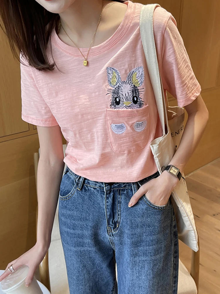 gkfnmt T shirt Women Tops Cotton Linen Embroidery White Tshirt Korean Summer Short Sleeve Tee Shirt Loose 3XL Women Clothes