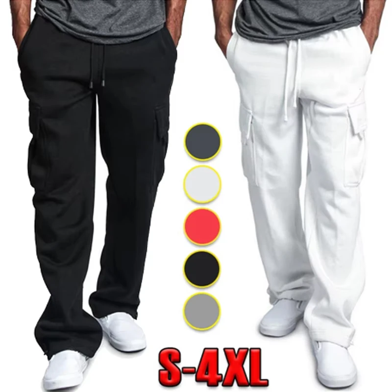 

Men's Hip Hop Cargo Pants Solid Color Fleece Multi Pocket Sweatpant Street Autumn Handsome Loose Straight Trousers Sports Pant