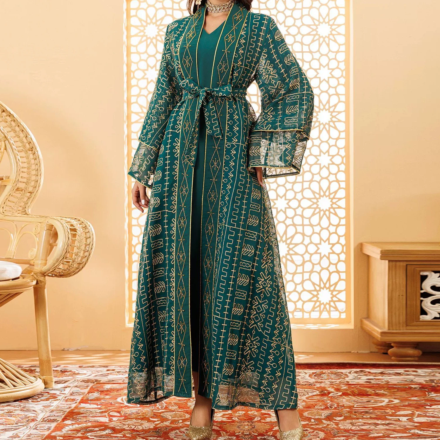 

Middle Eastern Muslim robe mesh embroidery Dubai Saudi dress elegant two-piece robe-GZXX539
