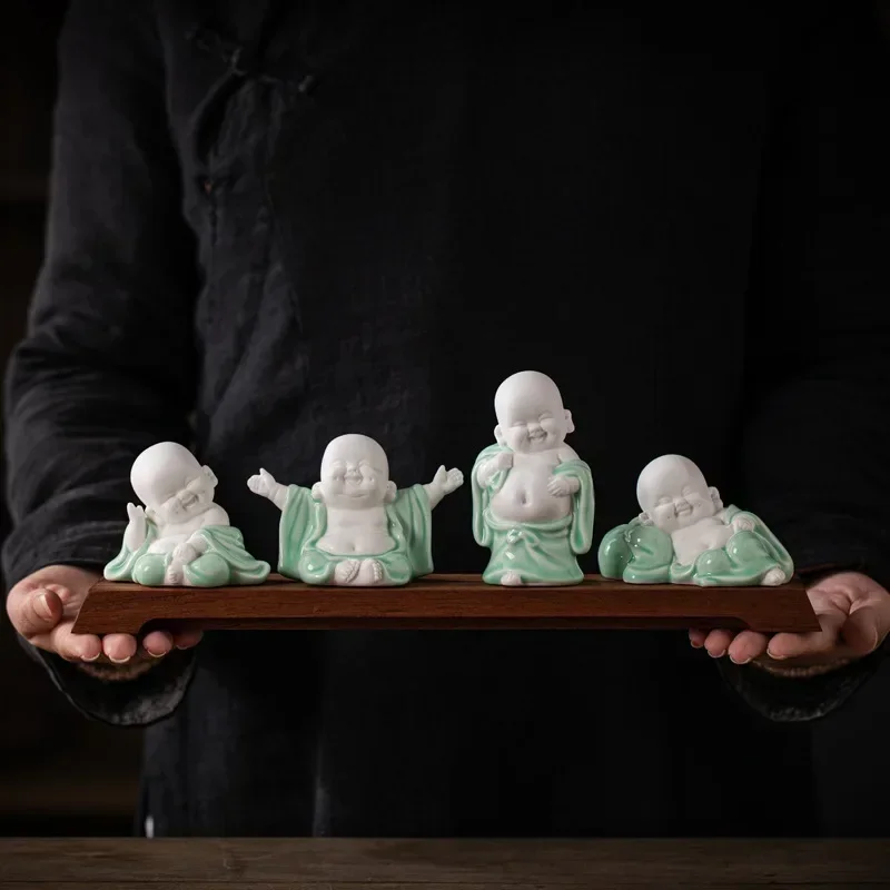 FX-8 Ceramic Lucky Happy Maitreya Buddha Small Ornament Office Tabletop  Frame Laughing Buddha Decoration Tea Table Arrangement