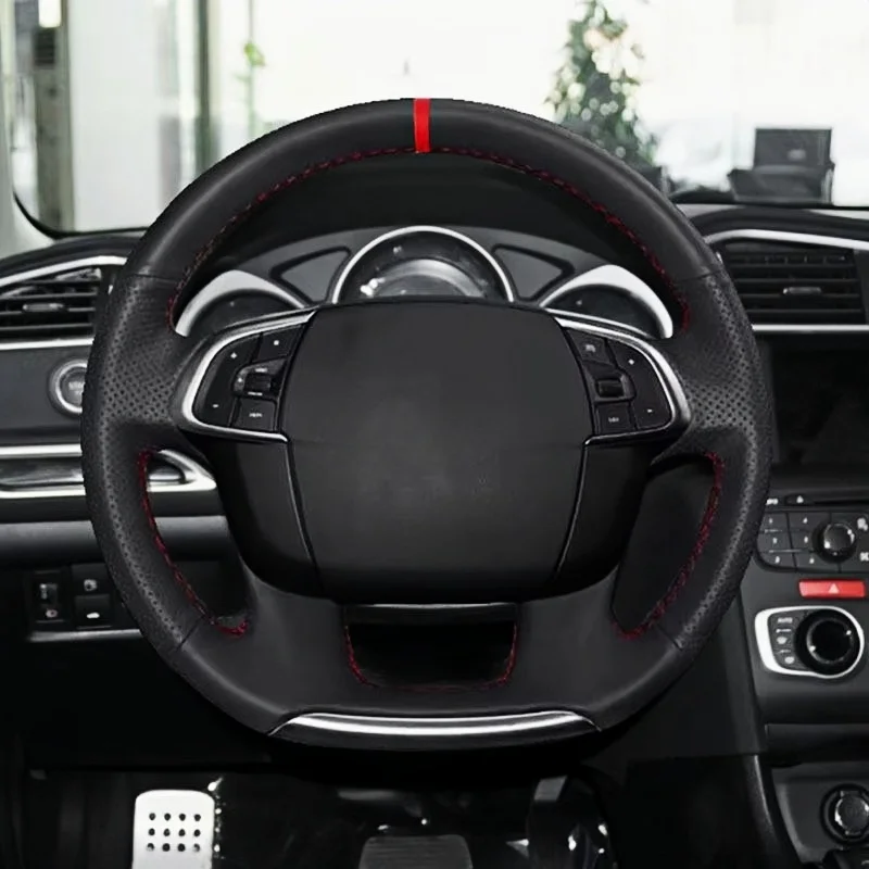 Hand-stitched Perforated Leather For Citroen C4 C4L 2011 2012 2012 2014 2015 DS4 Car Interior Steering Wheel Cover Decor Trim