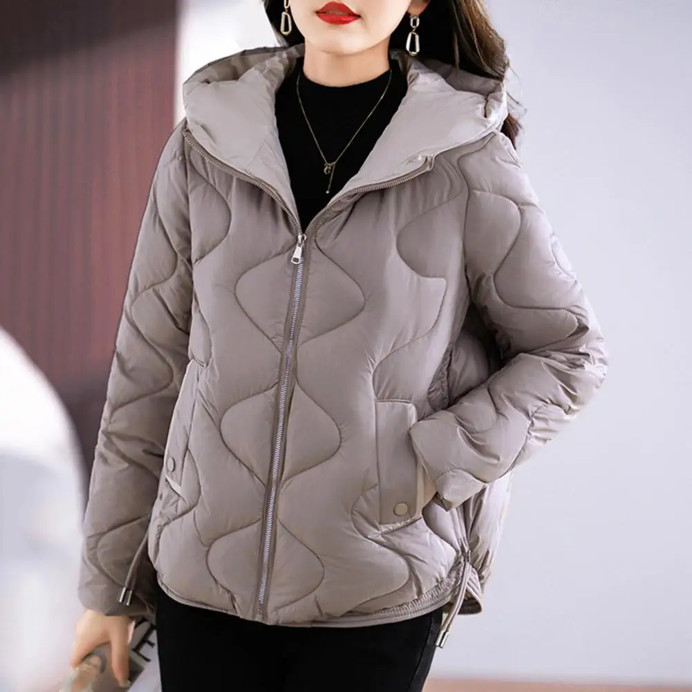 Winter Lady Down Coat Solid Color Long Sleeves Hooded Padded Coat Thicken Neck Zip up Outdoor Cotton Coat With Pocket