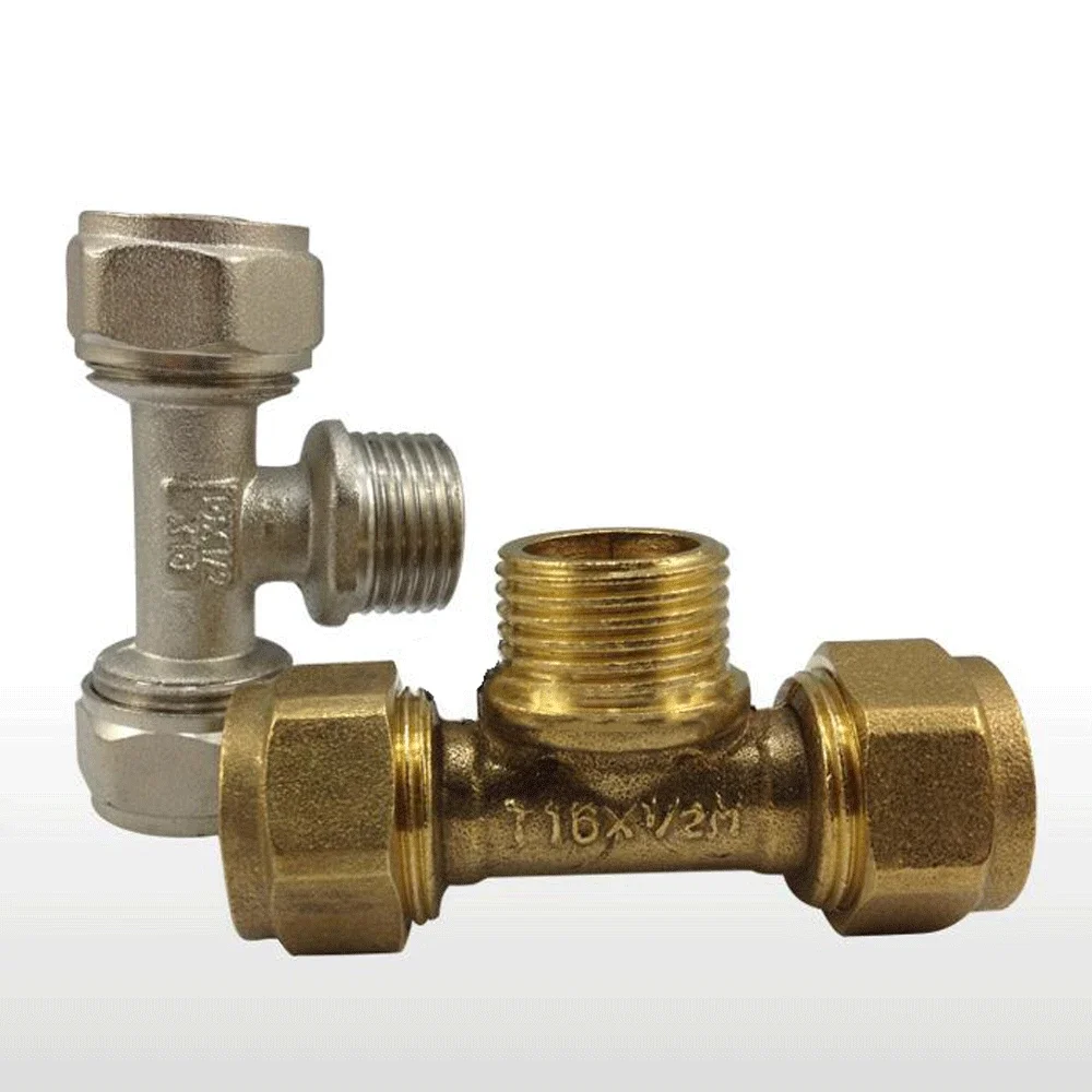 

H58 Brass Nickelage 1/2" BSPP Male Thread Tee Pex Pipe 1216/1418/1620 Fitting Aluminum Plastic Pipe Fittings for Floor Heating