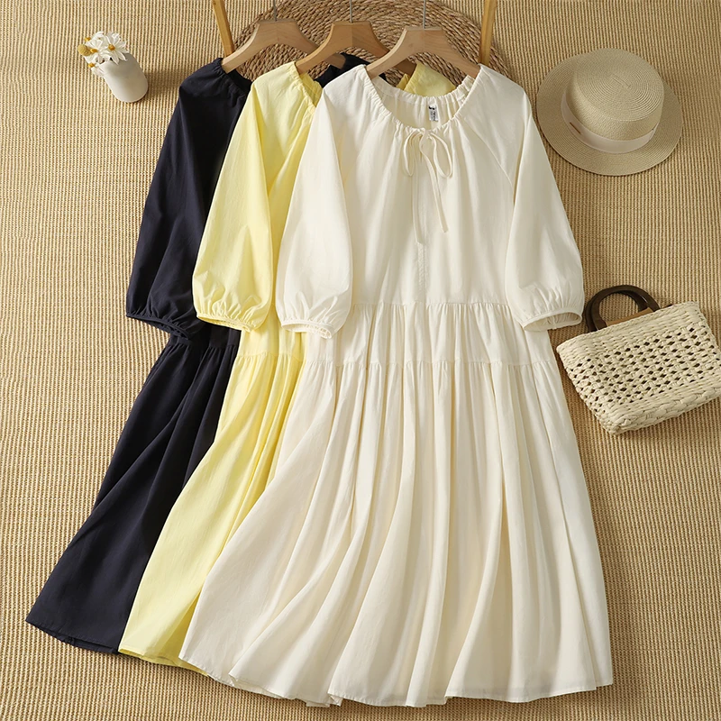 Casual Cotton Dress round Neck Seven Sleeve Loose Fit Anti-Aging Slimming Autumn New Style for plus Size Women City Walk