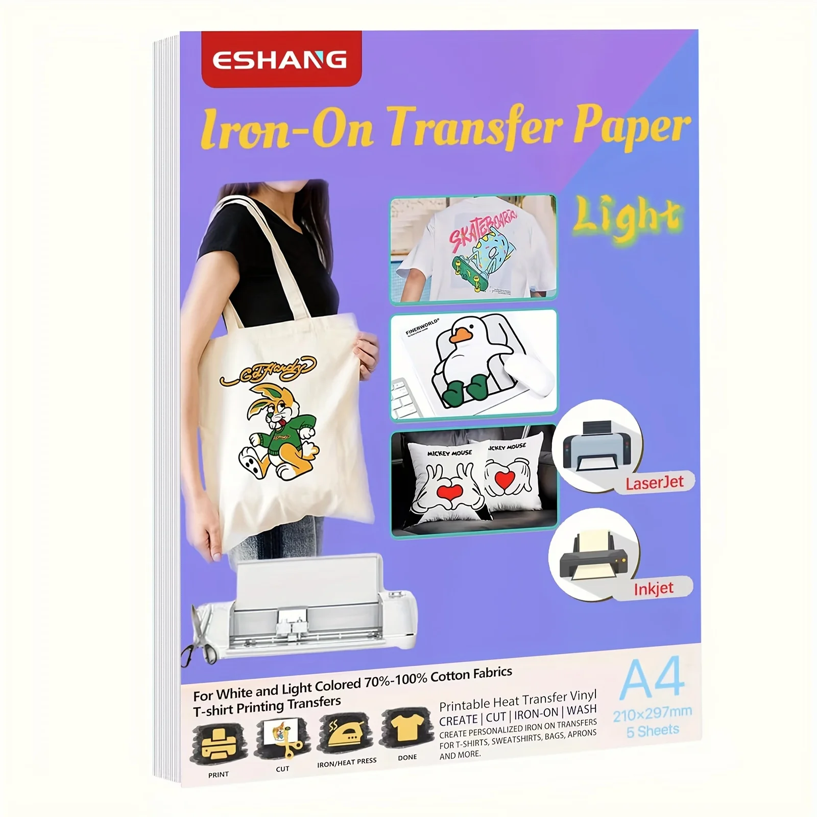 A4 Size Heat Transfer Paper For Light Fabric 5 Sheets For Printable Heat Transfer Vinyl for Inkjet & Laserjet Printer & Drawing