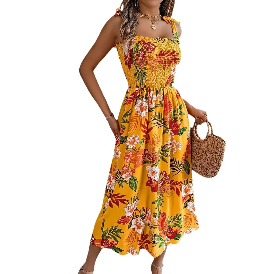 Jupe longue vêtements pour femmes 2025 printemps/été fleur européenne et américaine cravate taille cintrée camisole jupe vacances plage