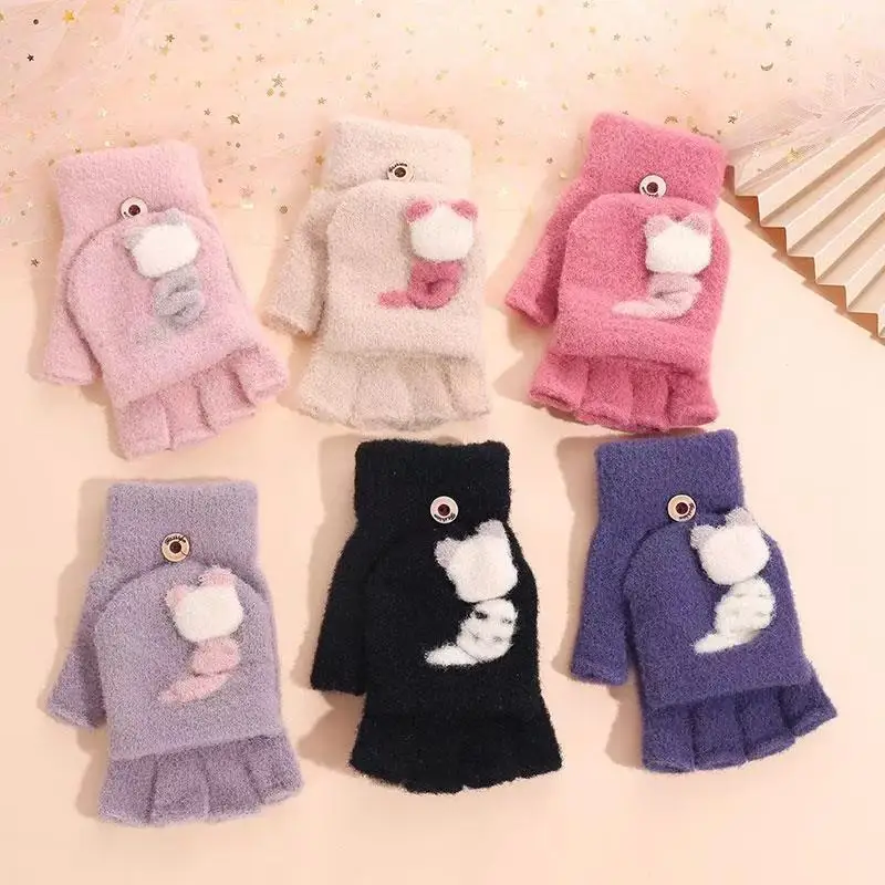 New Cute Cat Fingerless Flip Cover Gloves for Women Elegant Winter Warm Student Writing Acrylic Knitted Show Finger Glove Girls