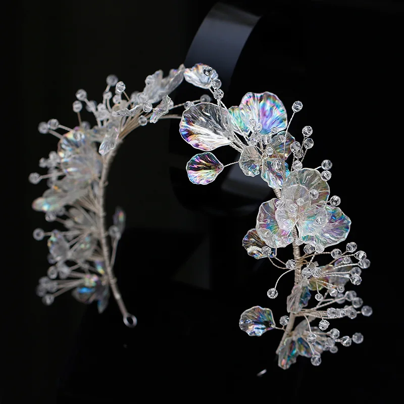 Crystal Shining Bride Transparent Flower Crystal Headband Handmade Beaded Studio Versatile Wedding Dress Accessories