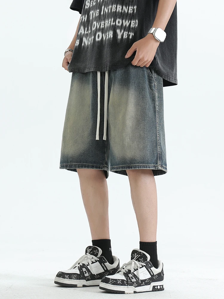 2024 New Summer Baggy Denim Shorts Men Hip Hop Streetwear Wide Leg Straight Jeans Shorts Drawstring Loose Men Casual Short Pants