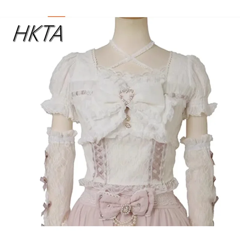 DY20Japanese Sweet Heavy Industry Splicing Sleeve Strap Lace Bow Lace Shirt Summer Autumn New Elastic Slim Long-sleeve Tshirt To