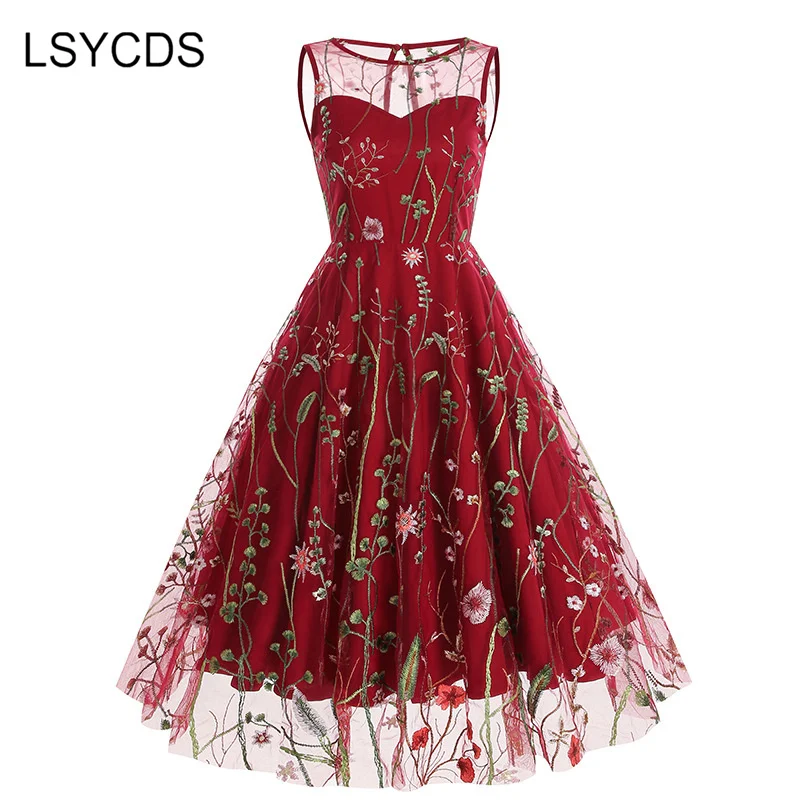 LSYCDS Elegant Summer Dress for Women Vintage Lace Embroidery White Black Blue Robe Femme Casual Woman Party Dresses 2024