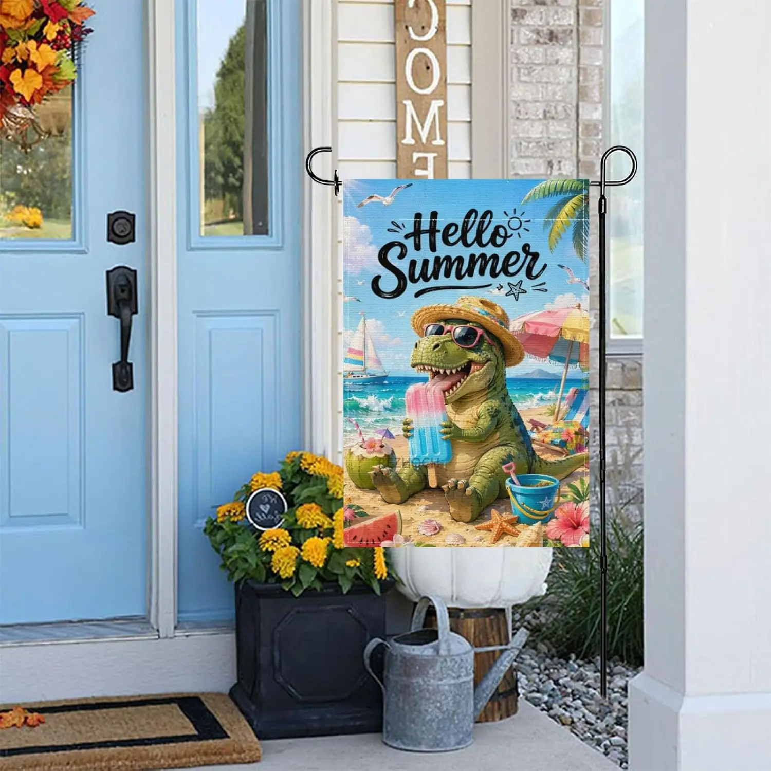 Hello Summer Funny Tyrannosaurus Rex Garden Flag 12x18 Inch,Holiday Beach Cute Animal Rainbow Popsicle Welcome Seasonal Porc yyi