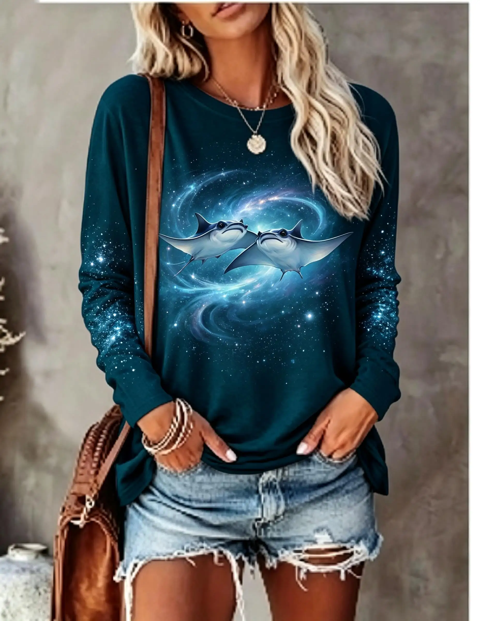 Women Long Sleeve T Shirt Galaxy Manta Ray Starry Ocean Glitter Print Crew Neck Casual Fall Tops