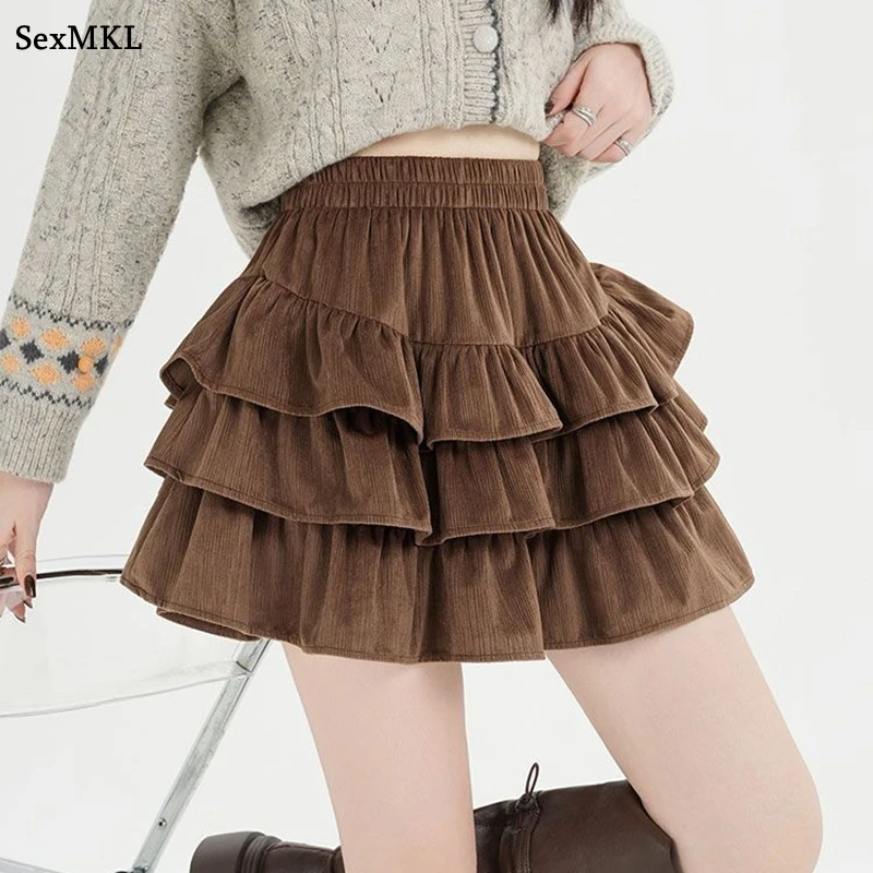 Casual Ball Gown Black Mini Skirts Women Winter Elastic Waist Korean Y2k Clothes Oversized Shorts Vintage Ruffles Micro Skirt