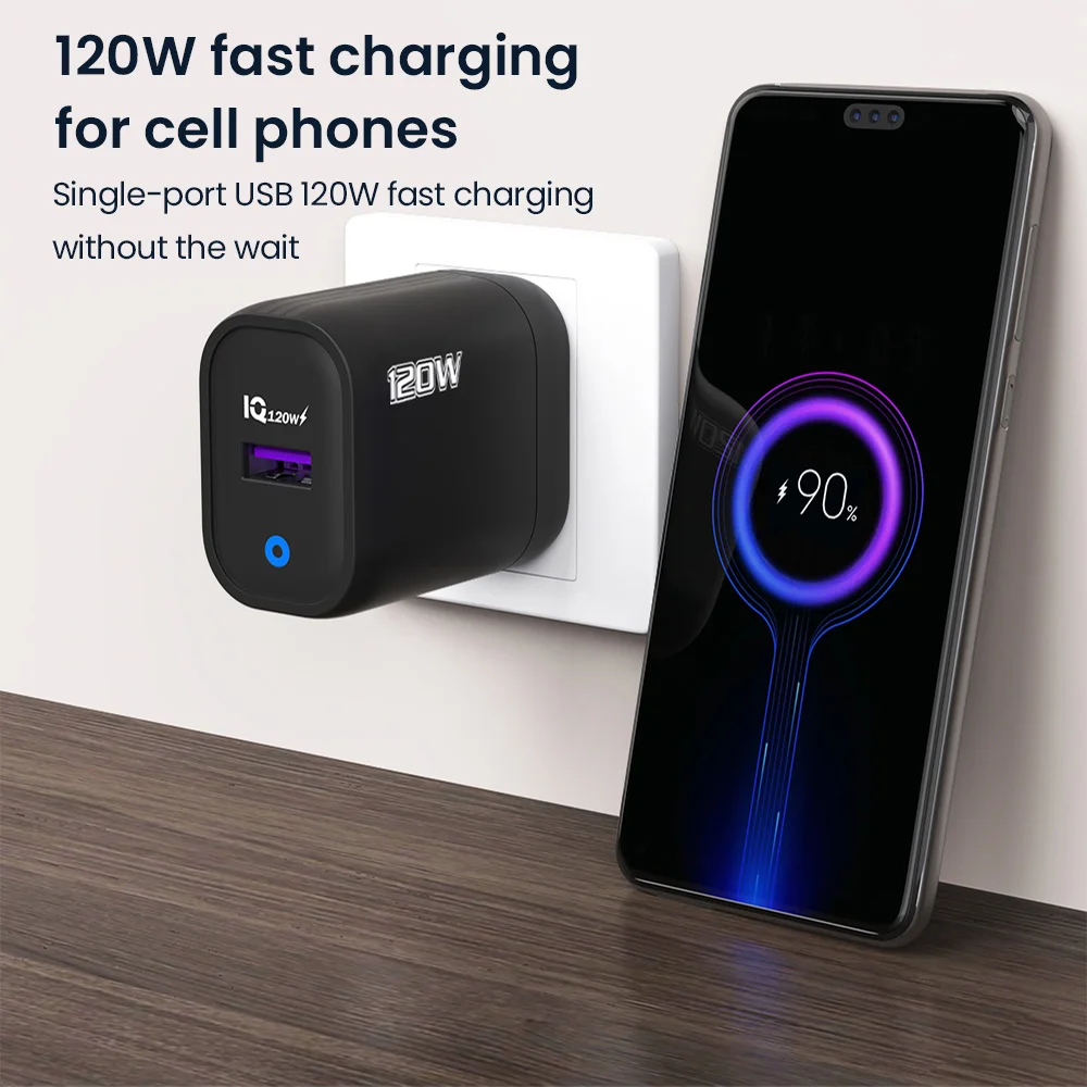 120W USB Fast Charger Quick Charge 5.0 EU/US Plug Phone Charge Adapter With LED For iPhone15 Huawei Samsung Xiaomi