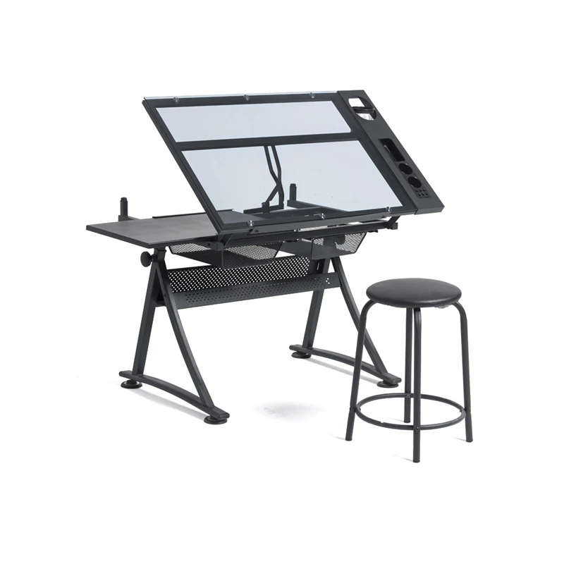 High Quality Transparent Drafting Drawing Glass Top Height Adjustable Desk With Pencil Holder And Two Drawers
